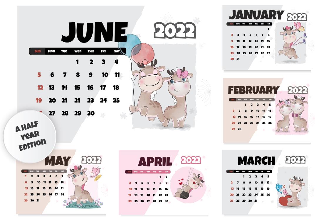 2022卡通长颈鹿动物日历模板0