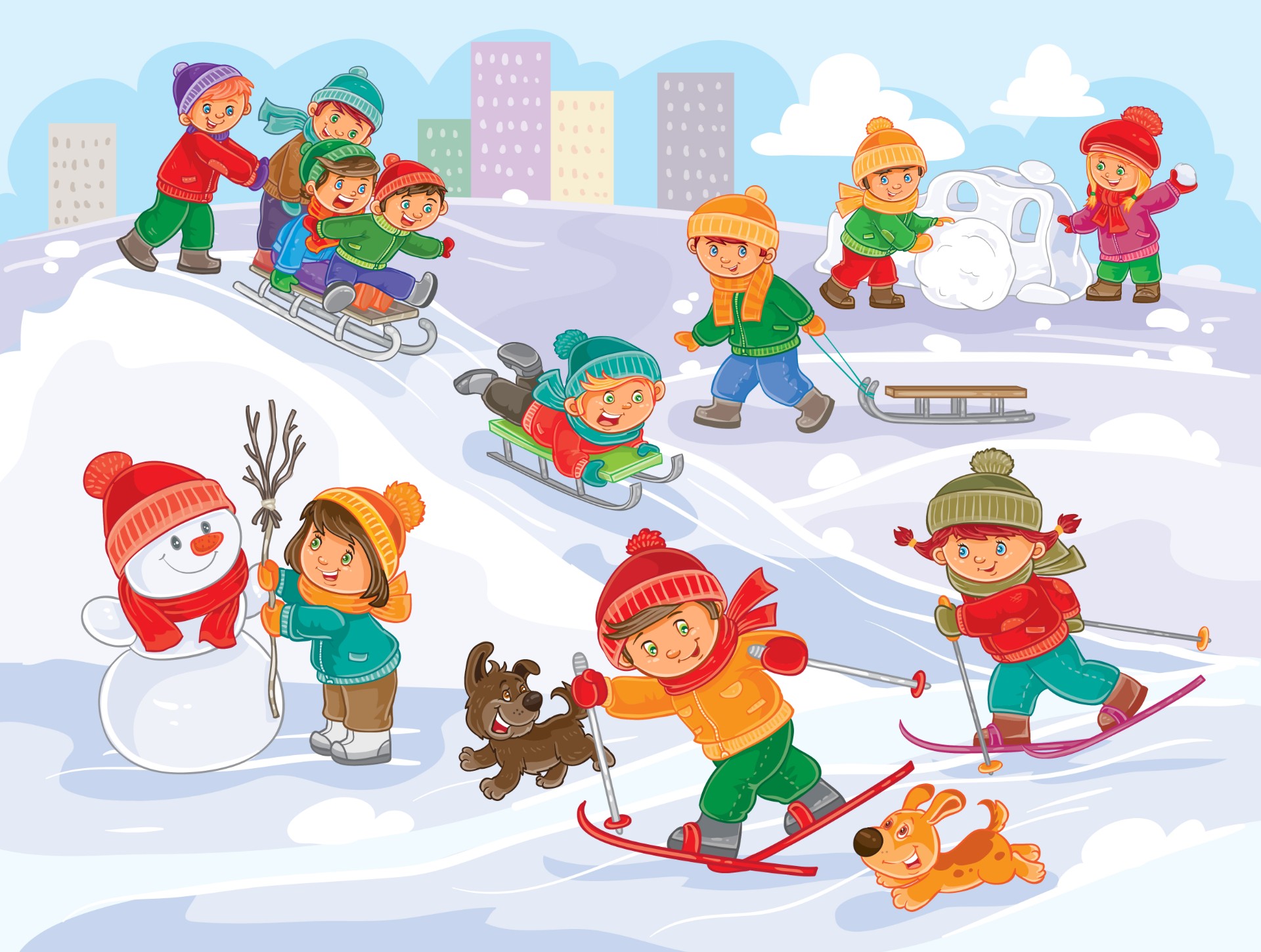 儿童卡通冰天雪地滑雪玩耍插画0