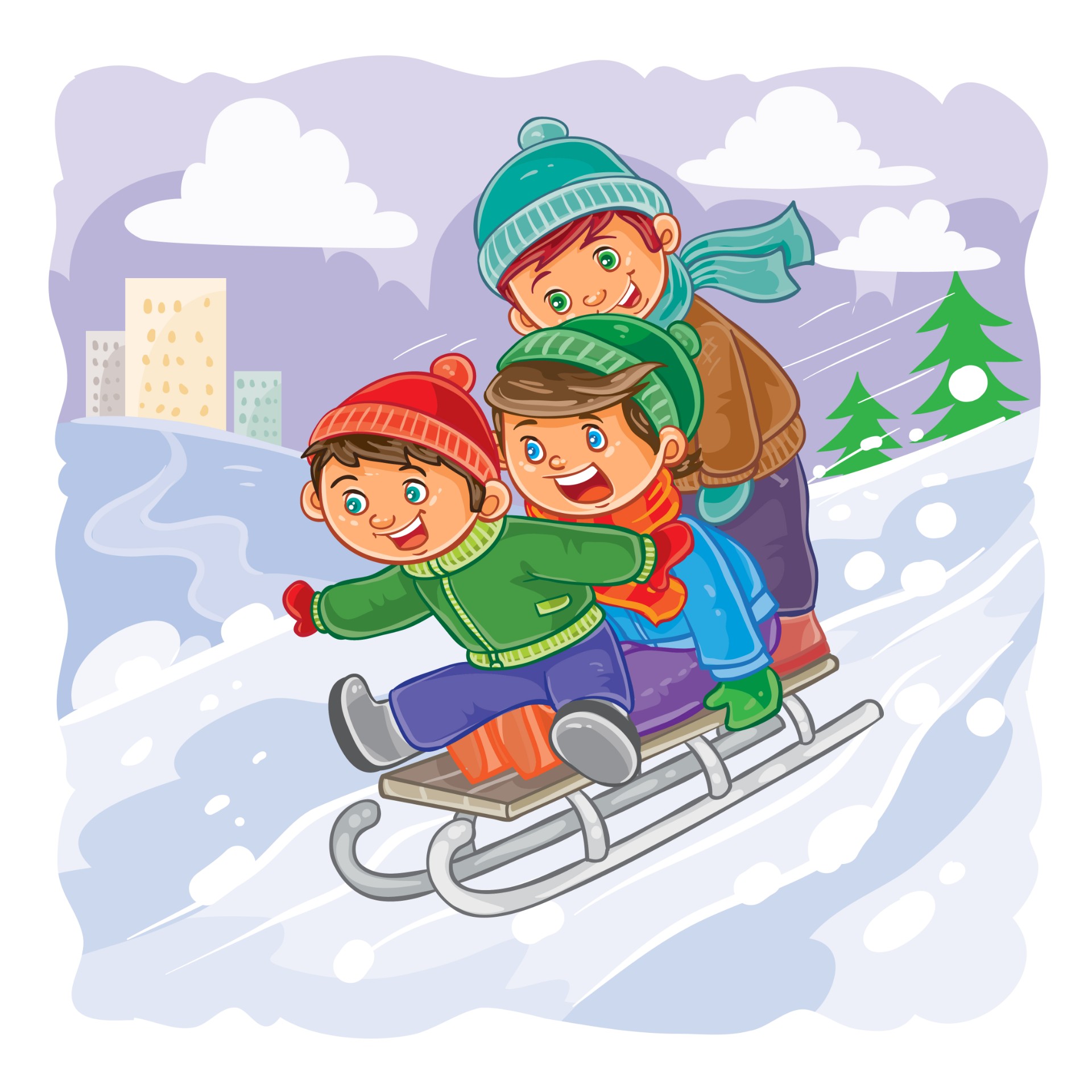 冬天儿童玩雪橇插画0
