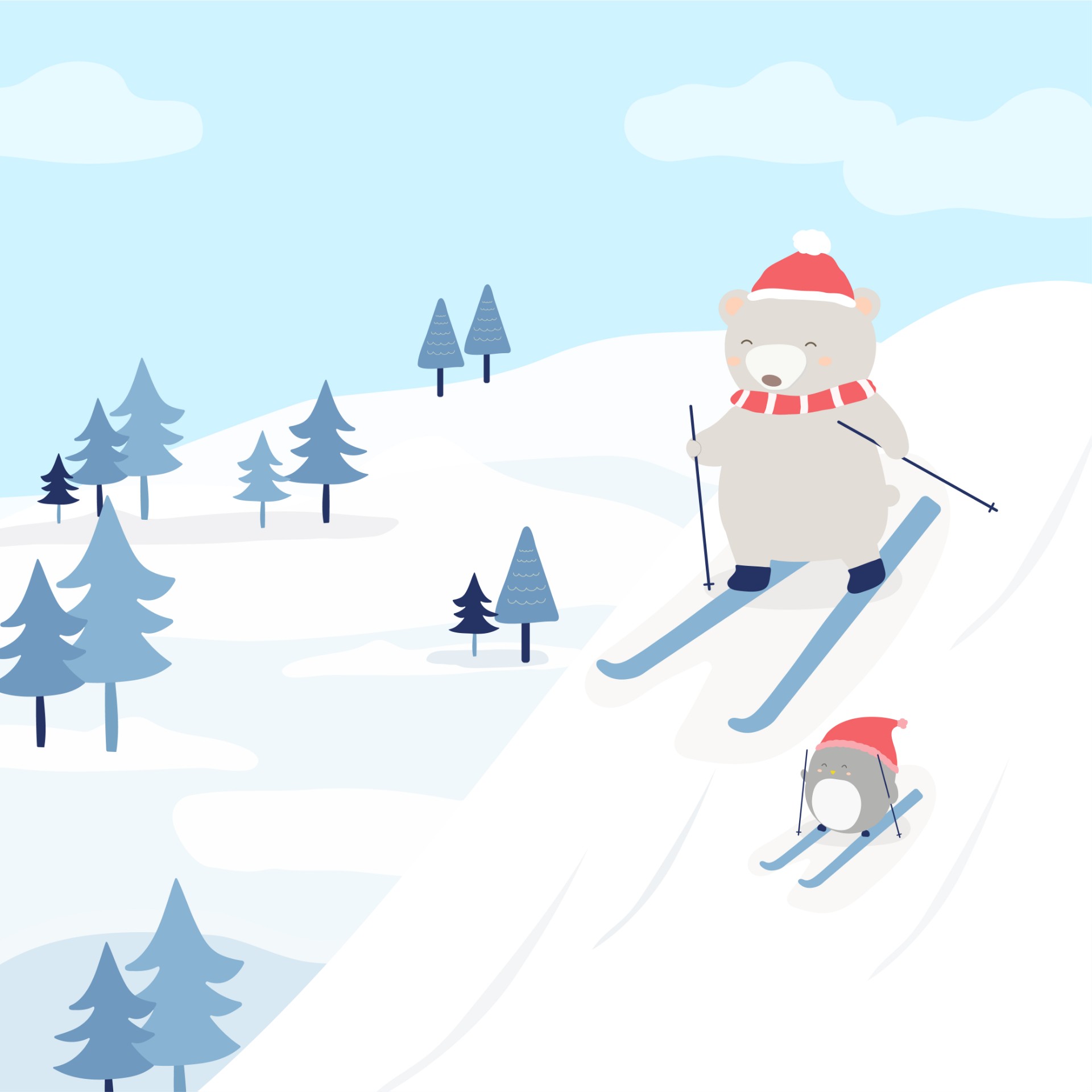 北极熊和企鹅滑雪插画0
