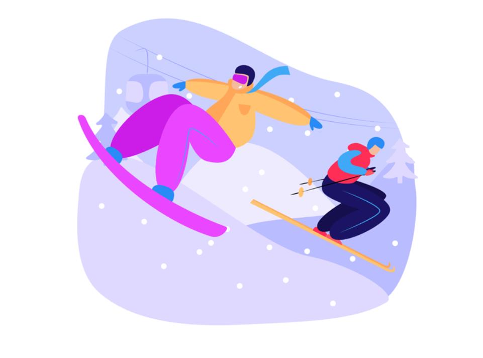 单板滑雪和双板滑雪插画0