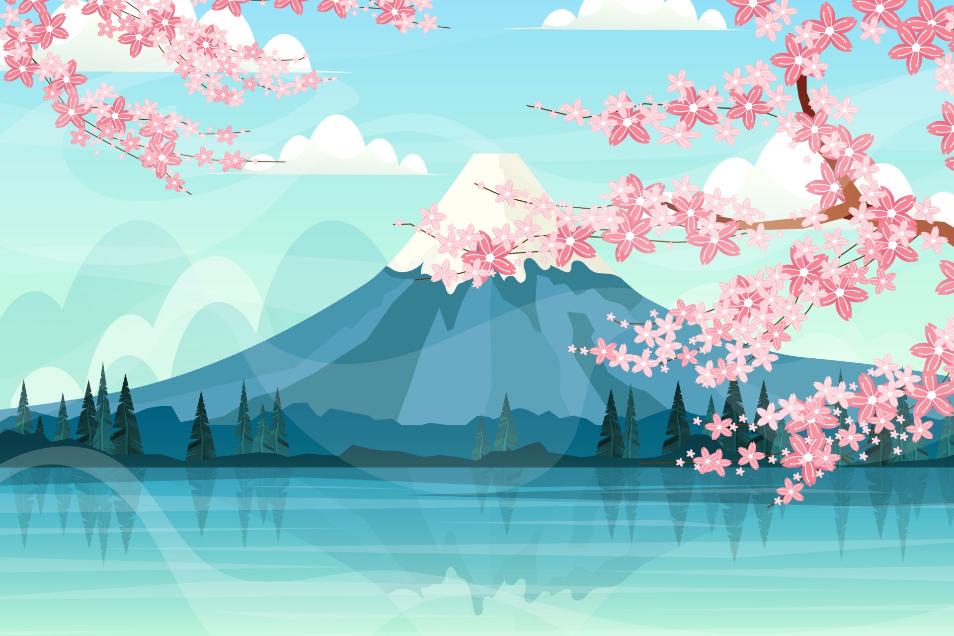 春天富士山樱花盛开手绘插图0