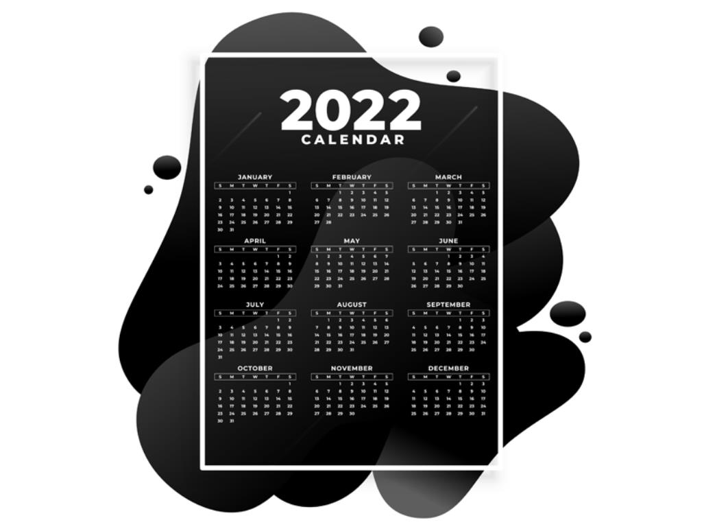 2022年黑底白字日历模板0