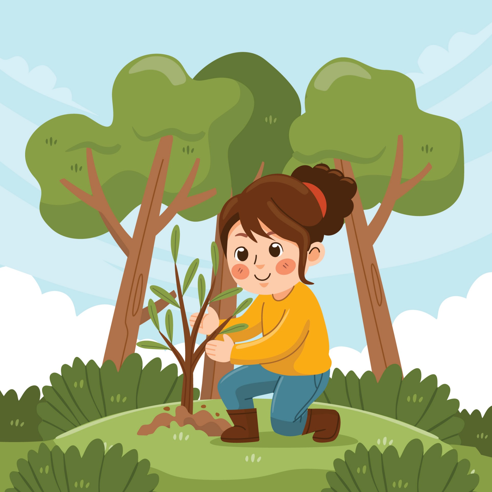 植树节卡通女孩种树插画0