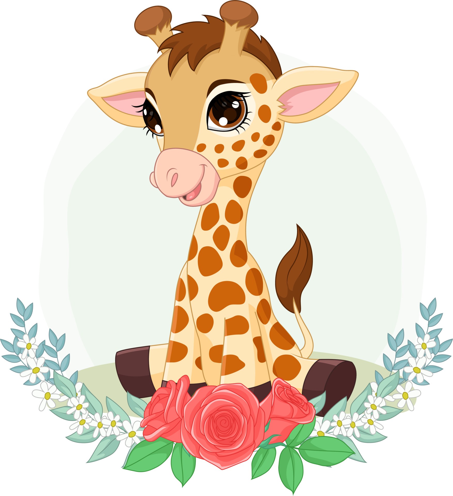 卡通长颈鹿与鲜花插图0