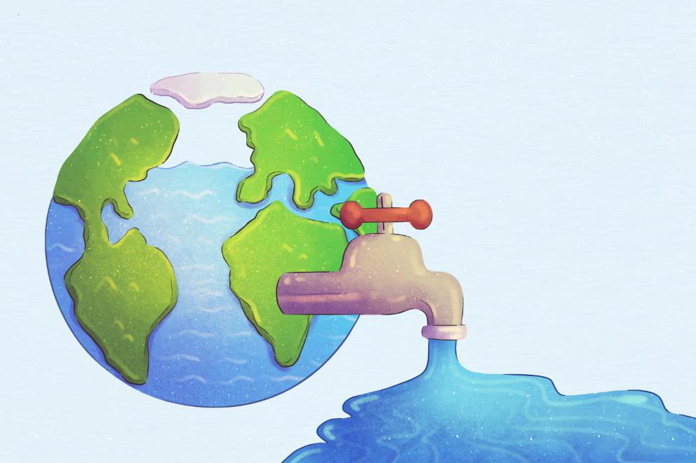 世界水日地球和水龙头插画0