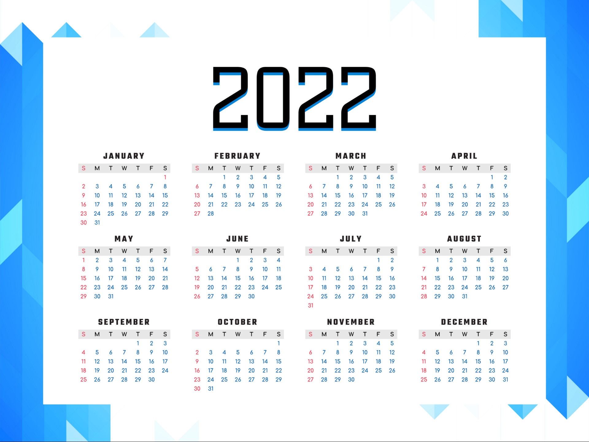 2022年日历全年a4横版