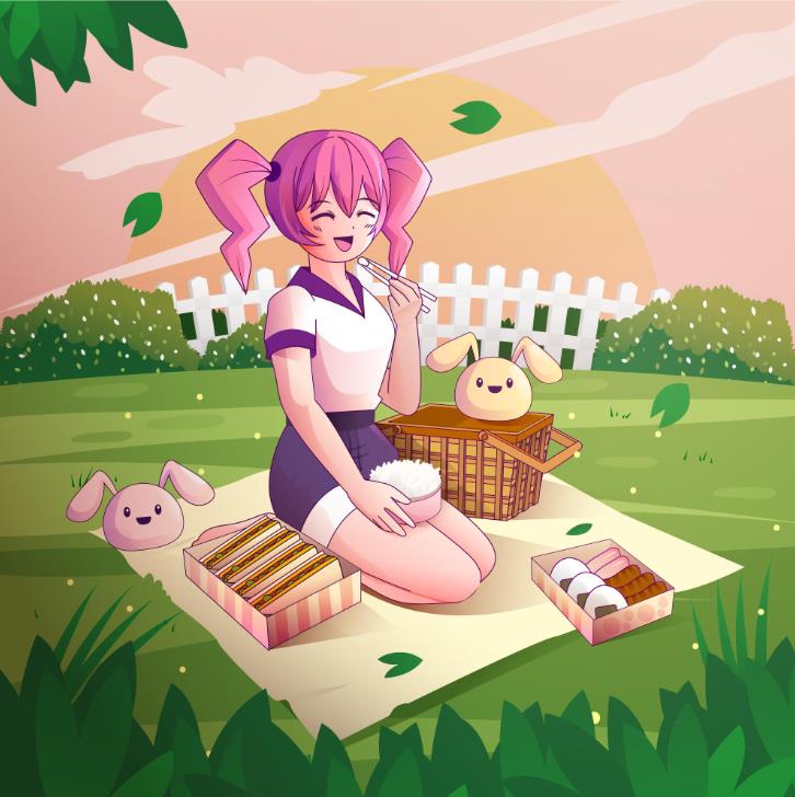 粉色头发动漫女生野餐插画0