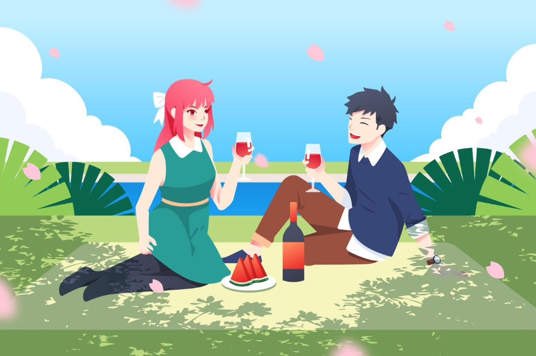 动漫情侣野餐喝红酒插画0