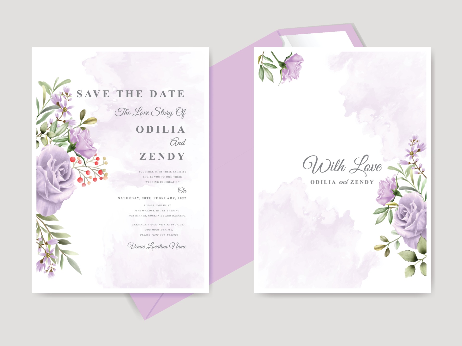紫玫瑰花卉婚礼邀请卡模板0