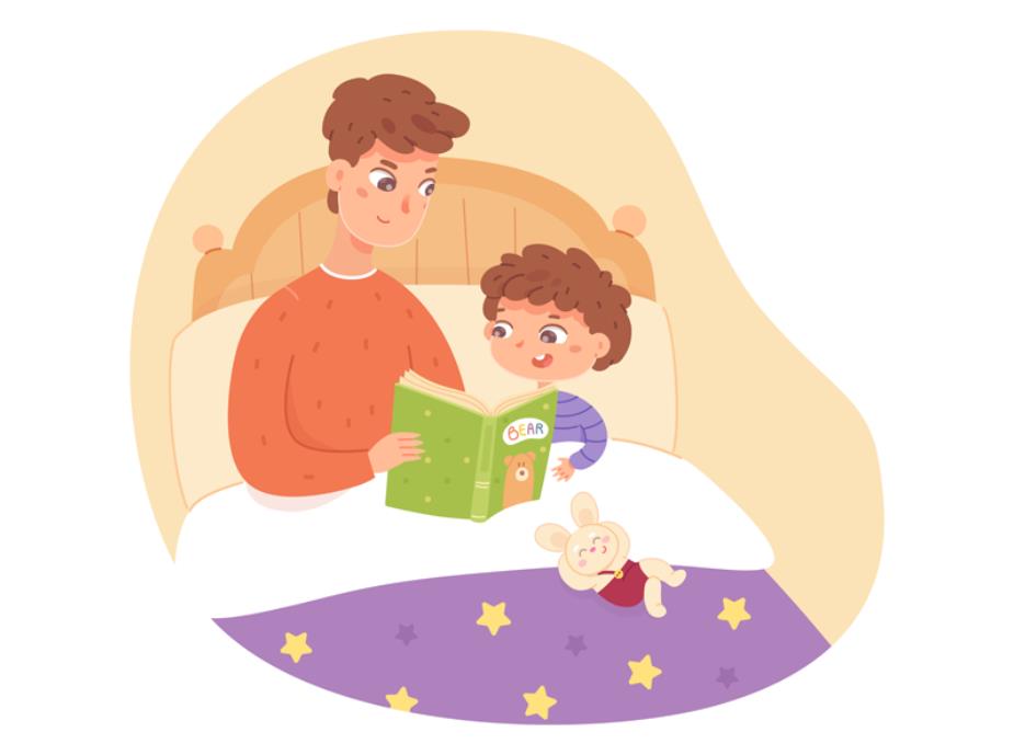 睡前爸爸陪孩子看书插画0
