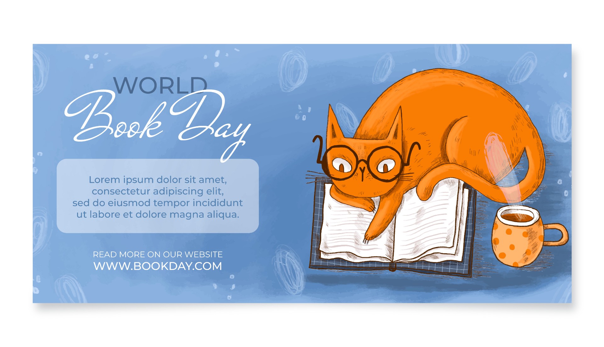 手绘世界图书日猫咪阅读横幅模板0