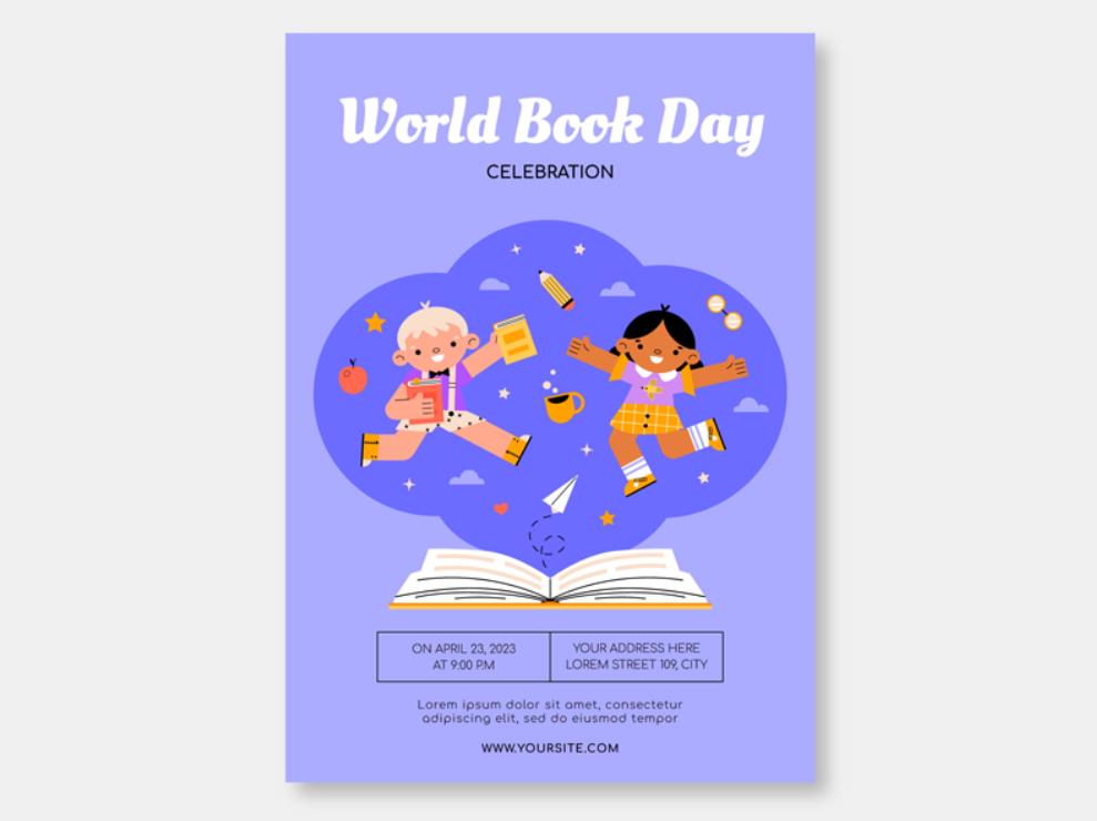 世界读书日紫色卡通宣传海报模板0