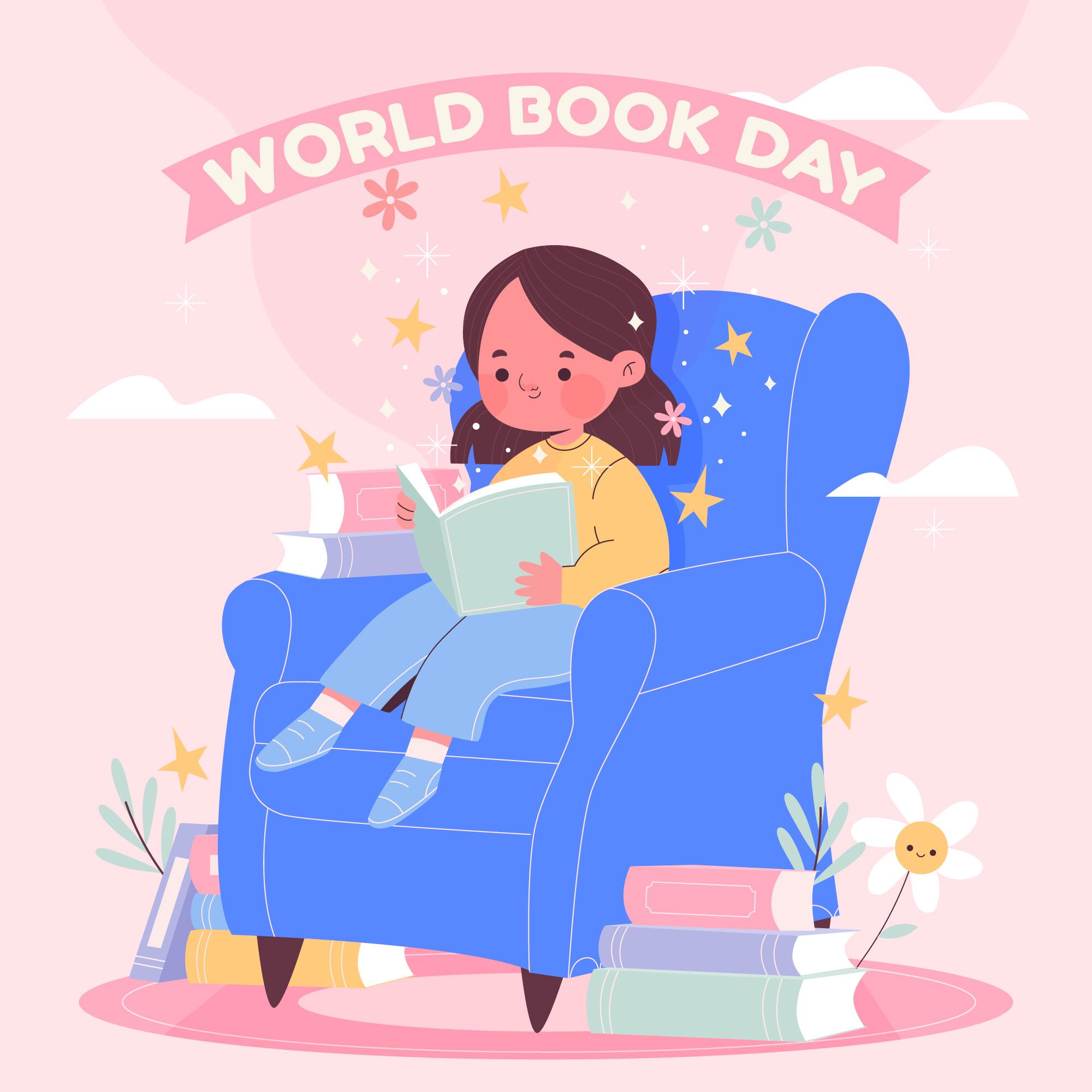 世界读书日小女孩坐在沙发上看书插画0