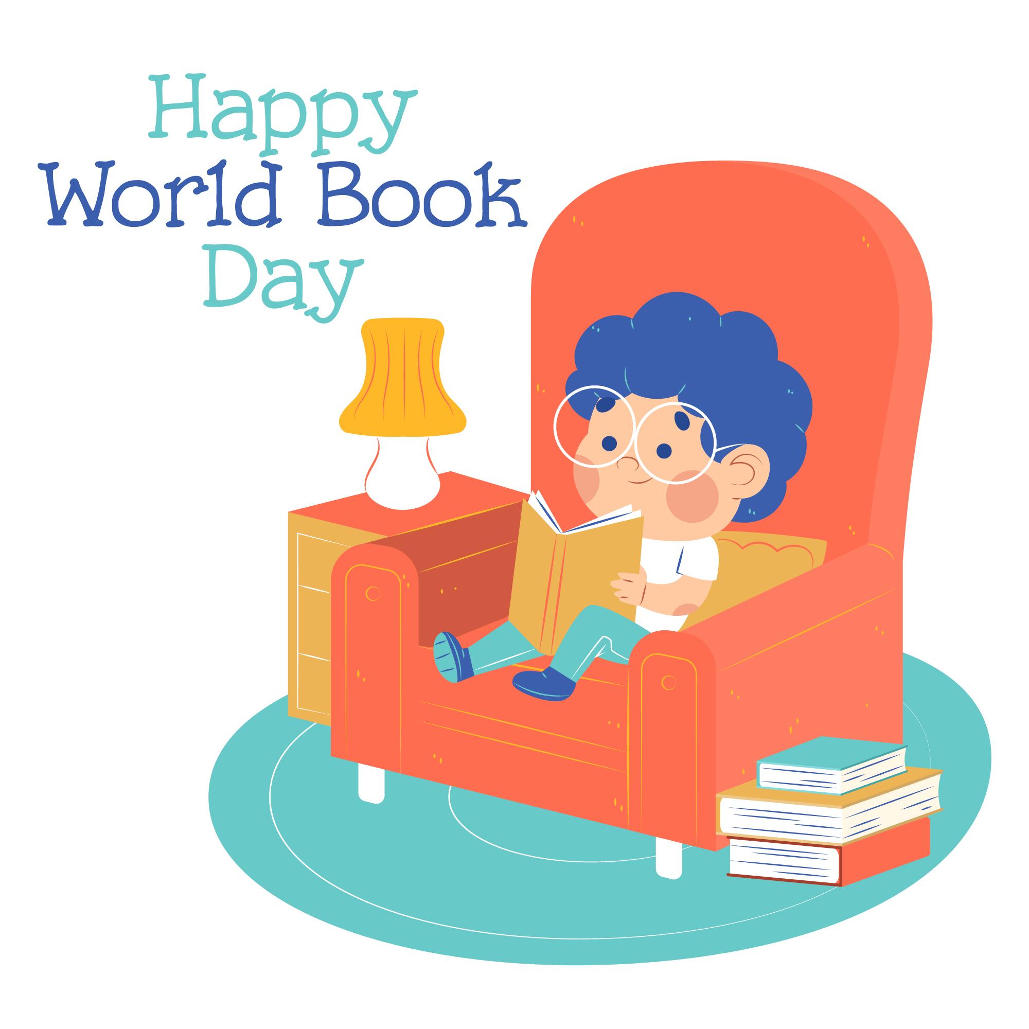 世界读书日小男孩坐在沙发看书插画0