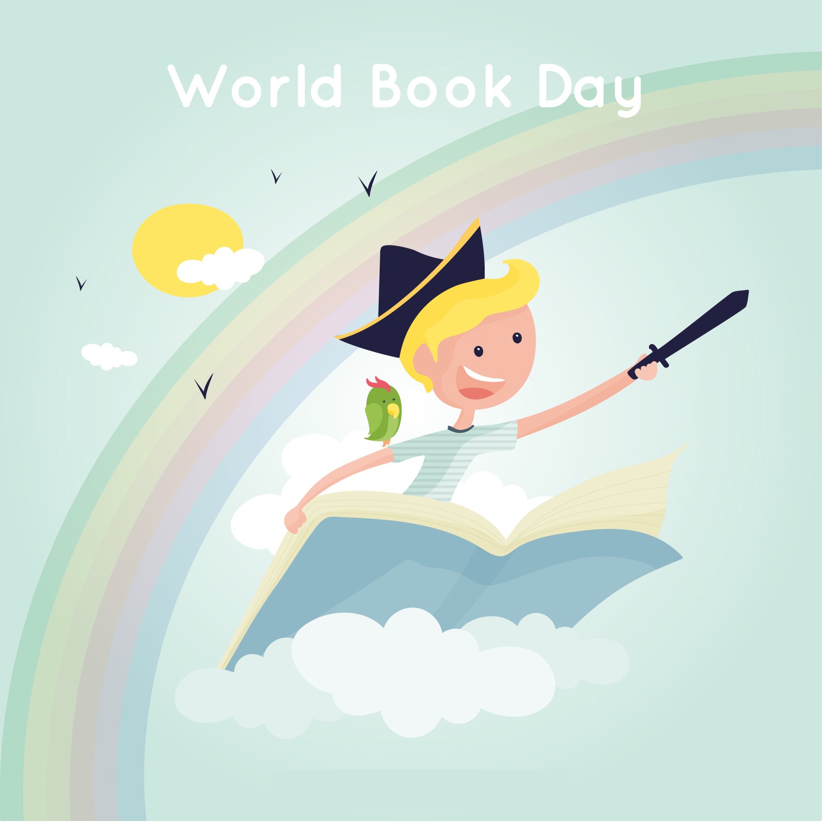 儿童坐在树上飞行世界读书日插画0