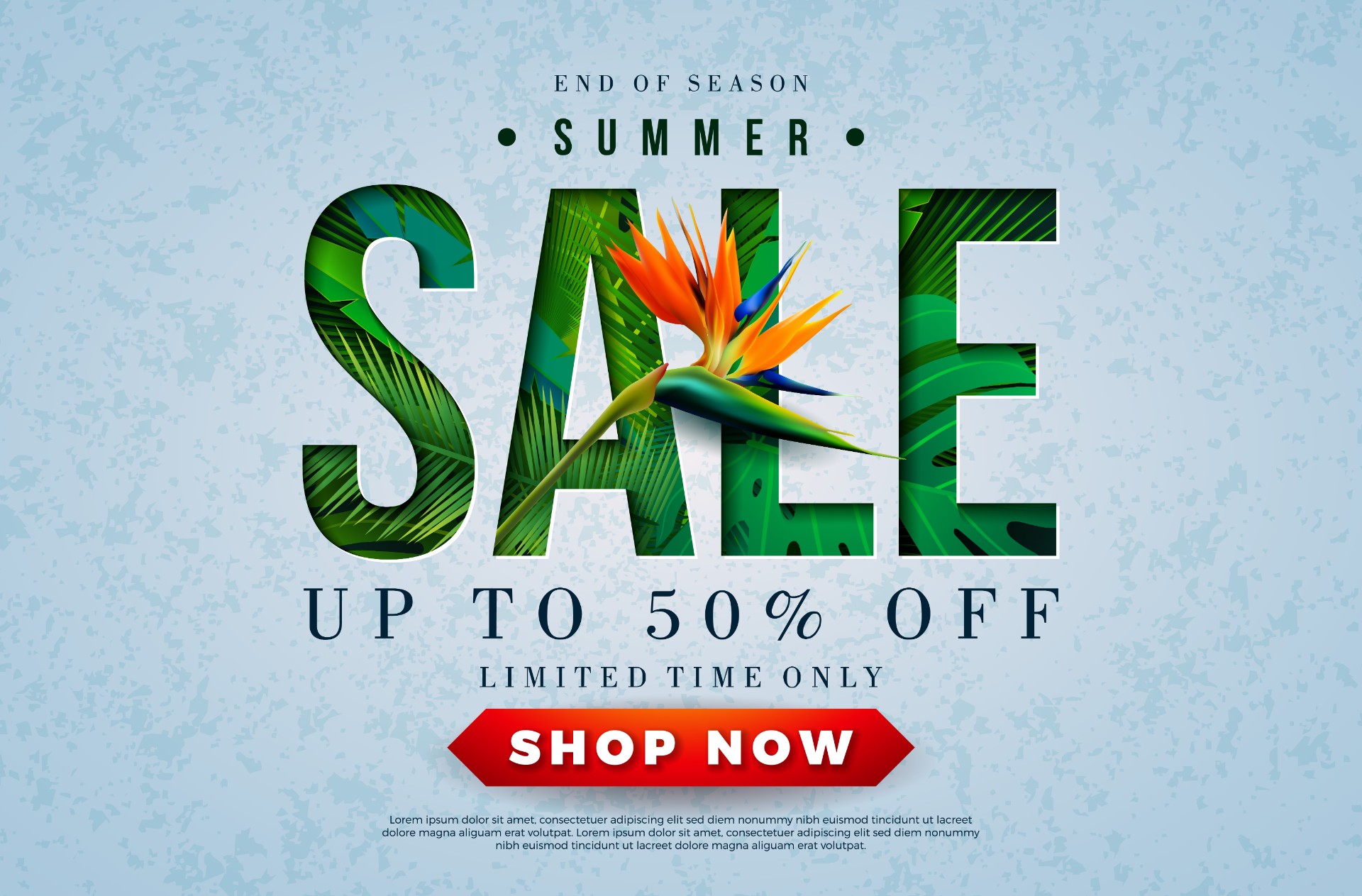 夏季销售设计鹦鹉花和热带棕榈叶背景图0
