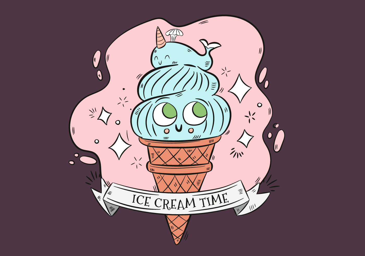 冰淇淋与丝带卡通插图0