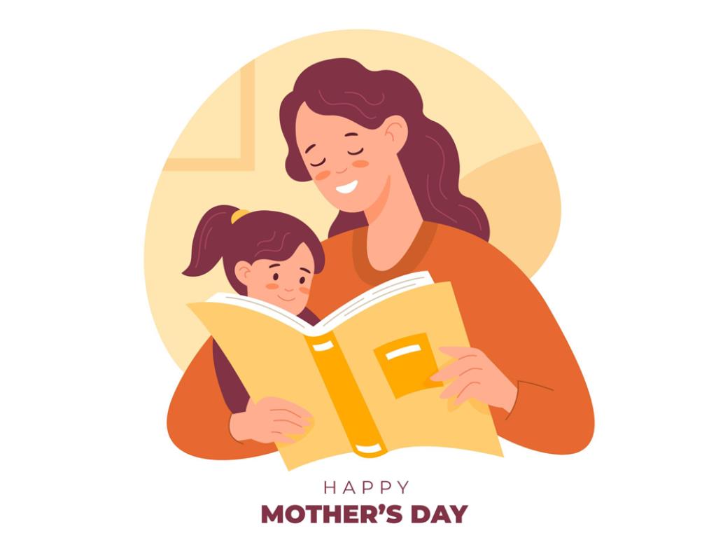 母亲节妈妈和女儿一起看书插画0