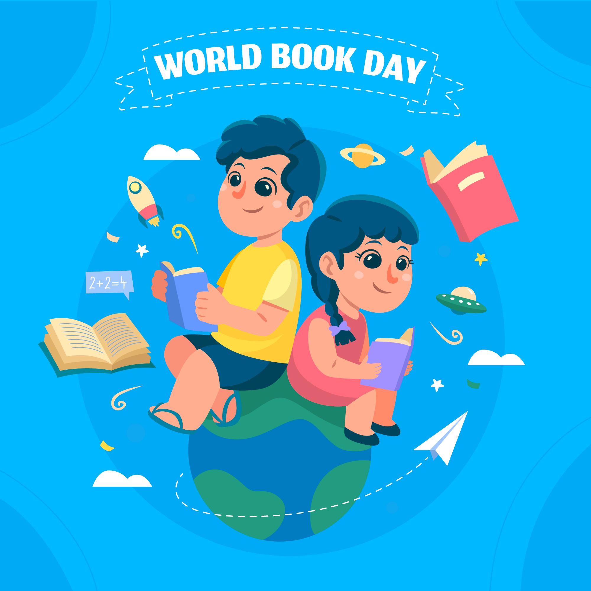 世界读书日两个小孩背对背看书插画0