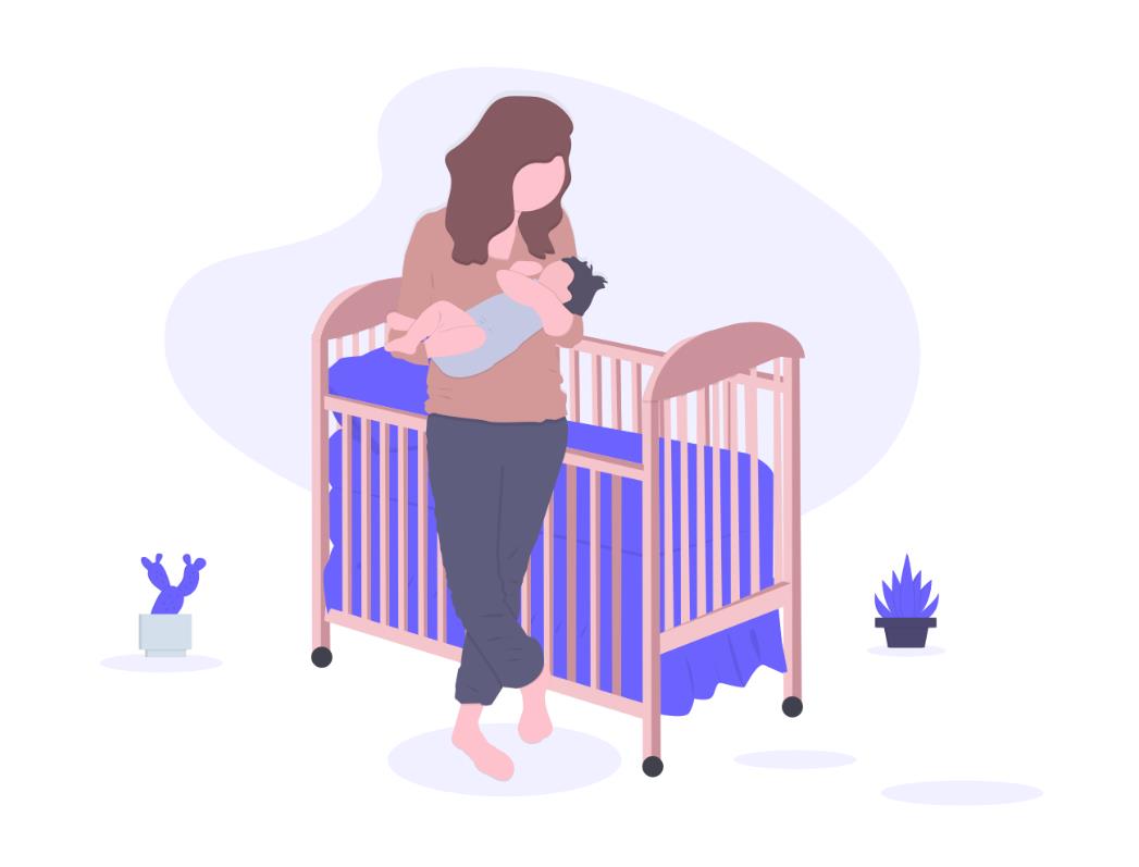 婴儿床旁的妈妈抱着宝宝插画0