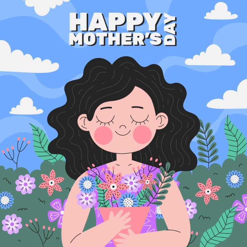 母亲节抱着花束的妈妈插画0