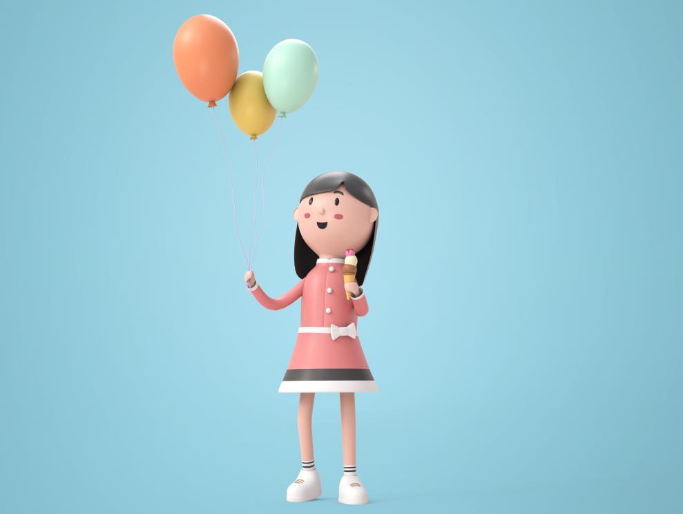 拿着气球和冰淇淋的女孩插画0