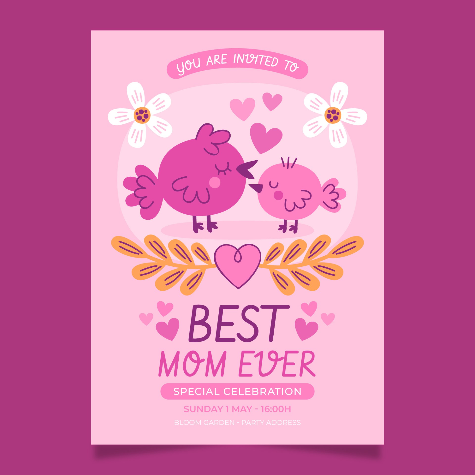 母亲节鸟妈妈和小鸟粉色海报0