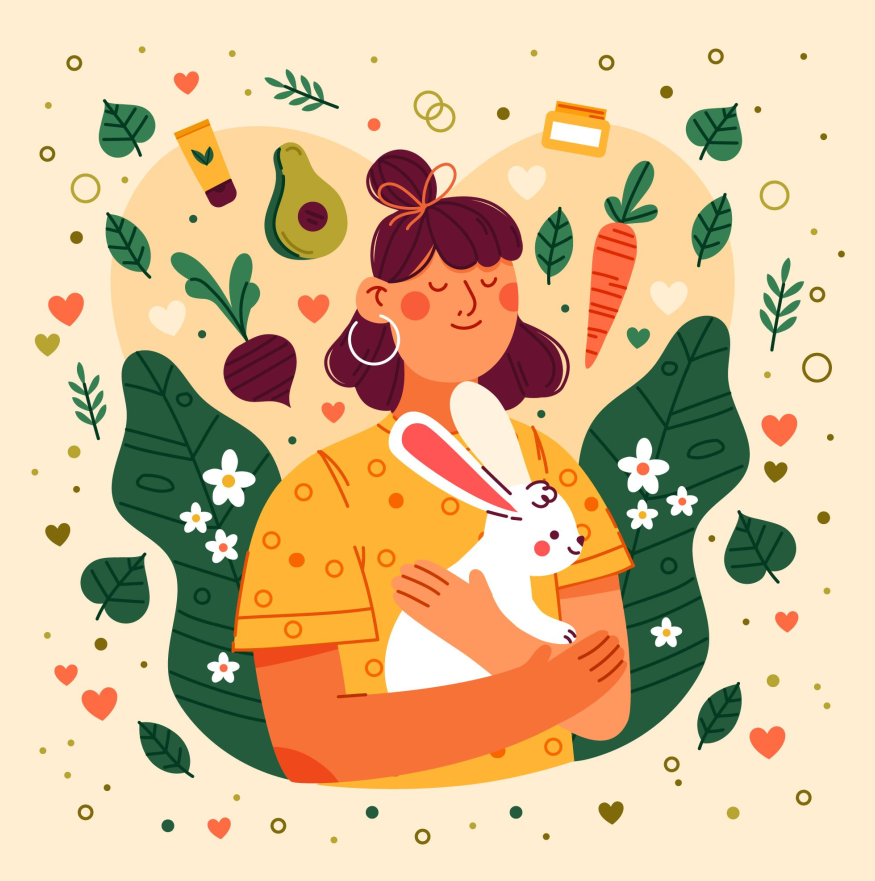 抱着小兔子的女生插画0
