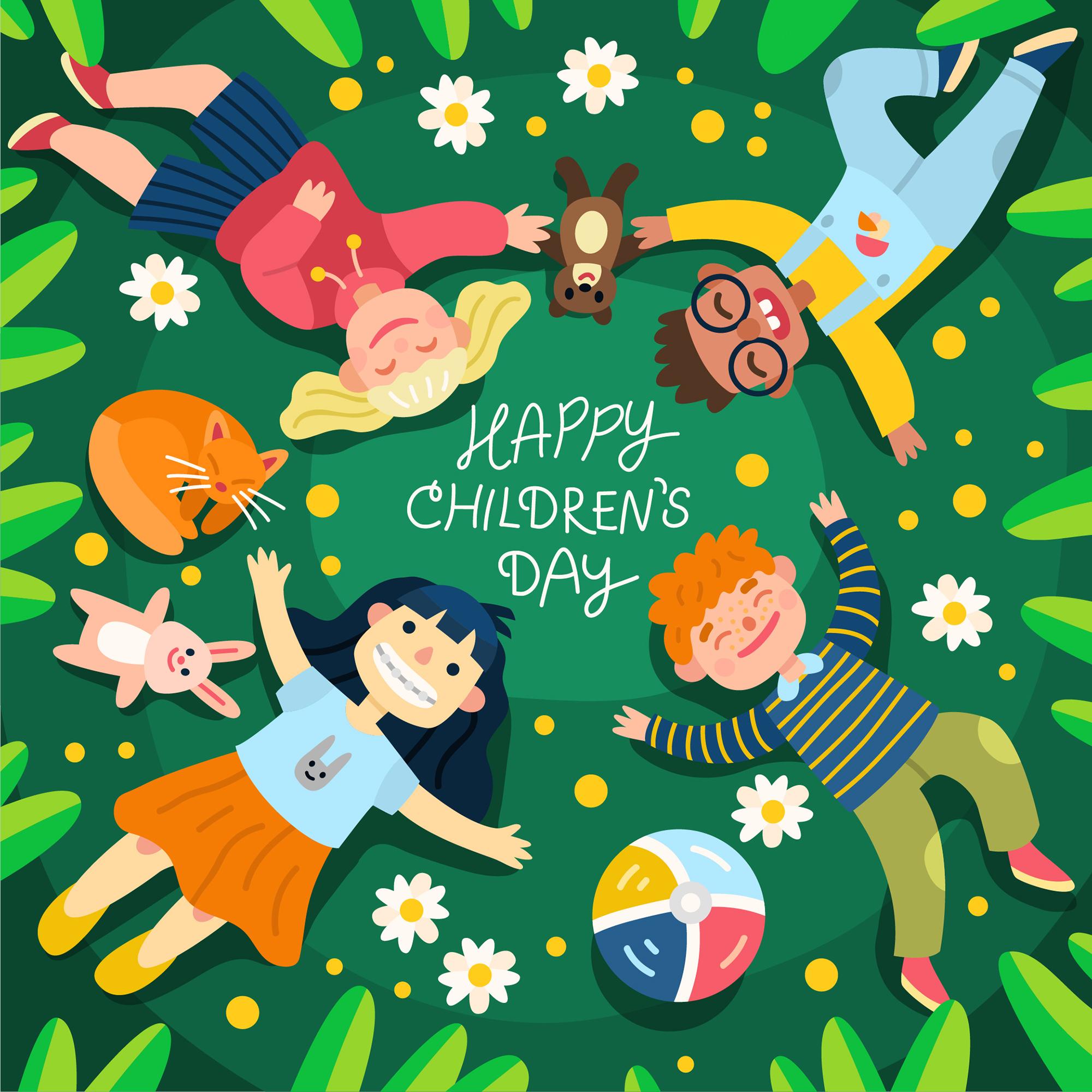 六一儿童节孩子们开心的躺在草地上插画0