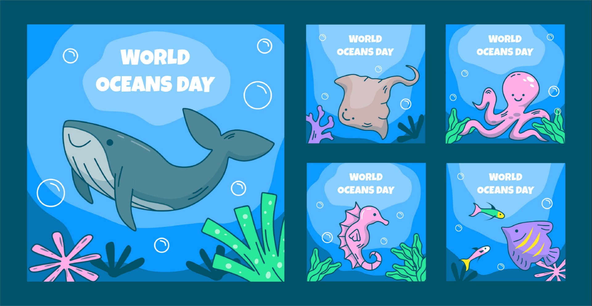 一组手绘世界海洋日主题插图0
