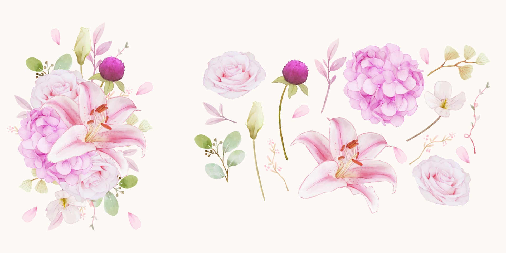 粉色玫瑰绣球花和百合花插图0