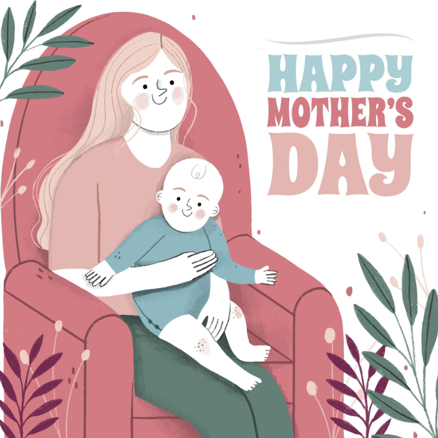 母亲节抱着孩子坐在沙发上的妈妈插画0