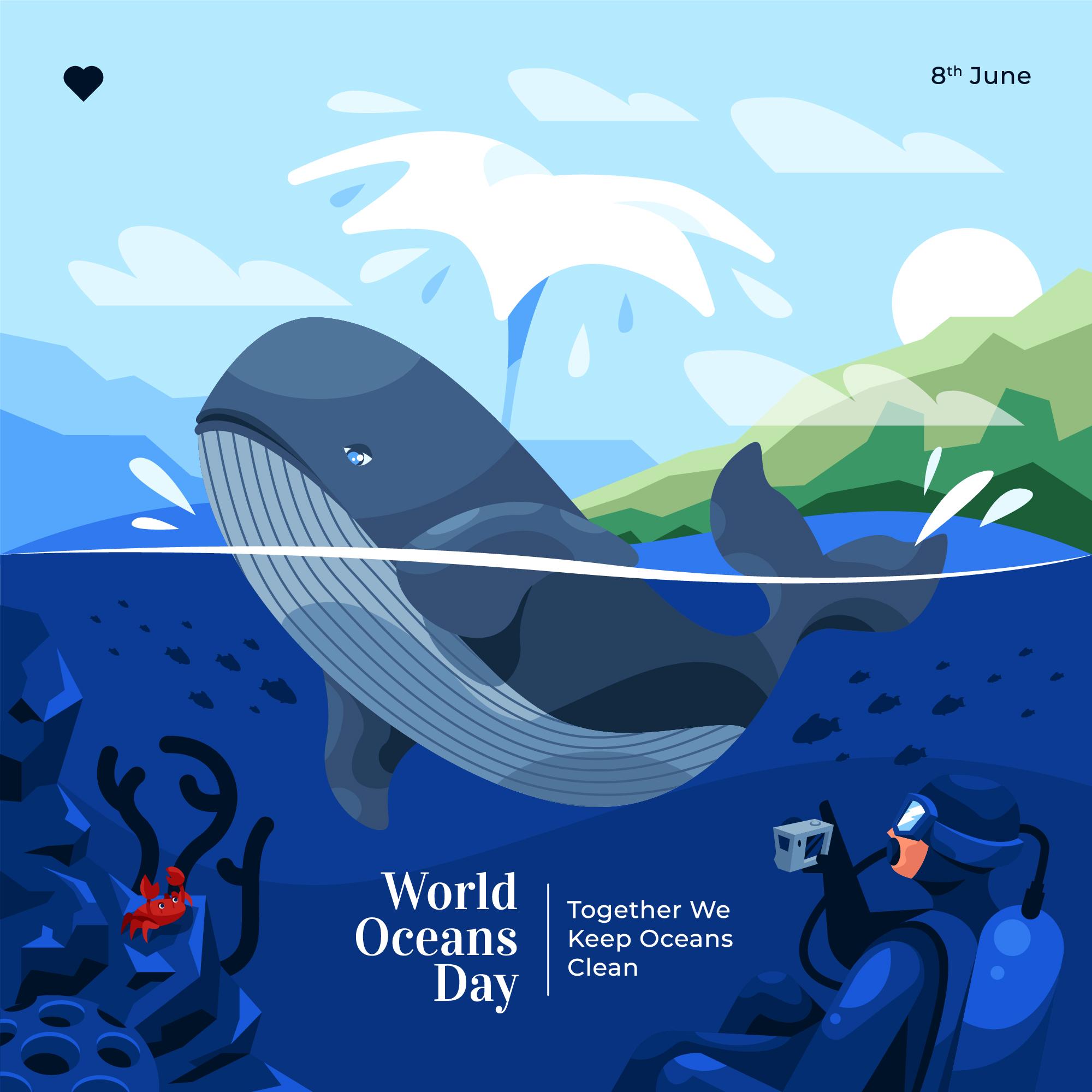 世界海洋日手绘鲸鱼喷水插图0