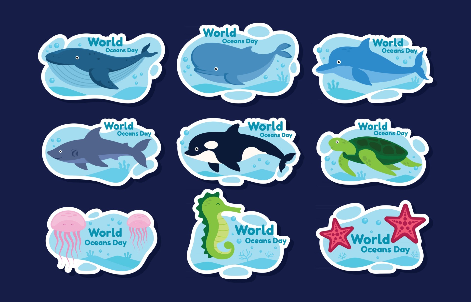 世界海洋日九种动物贴纸图标0