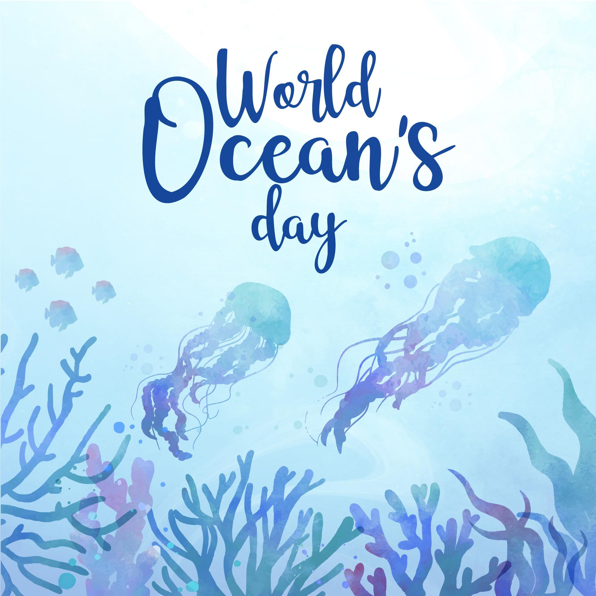 世界海洋日水母水彩插画0