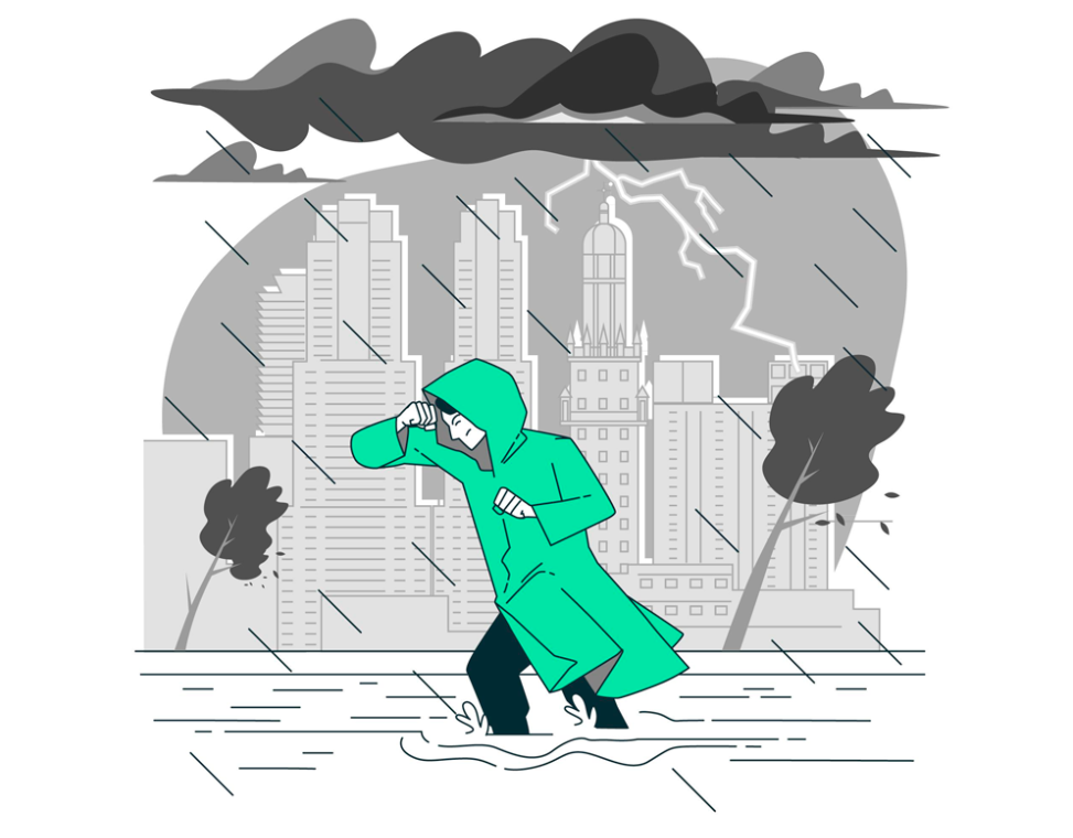 穿雨衣在雨中行走的男人插画0