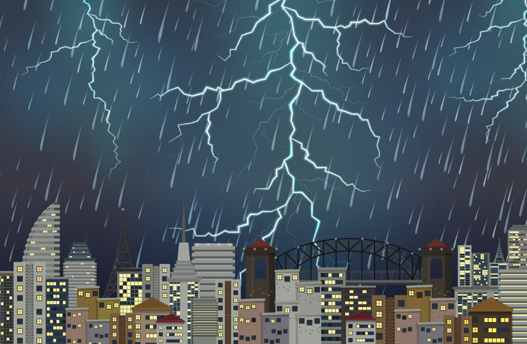 城市雷雨天气插画0