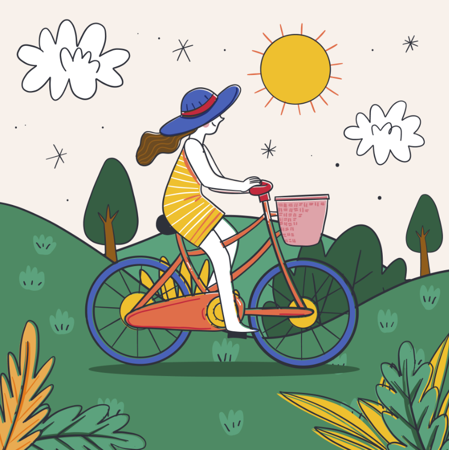 夏日骑自行车的女生插画0