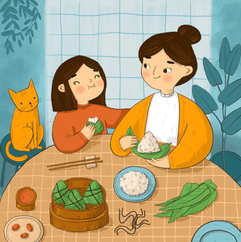 端午节小孩吃粽子插画0