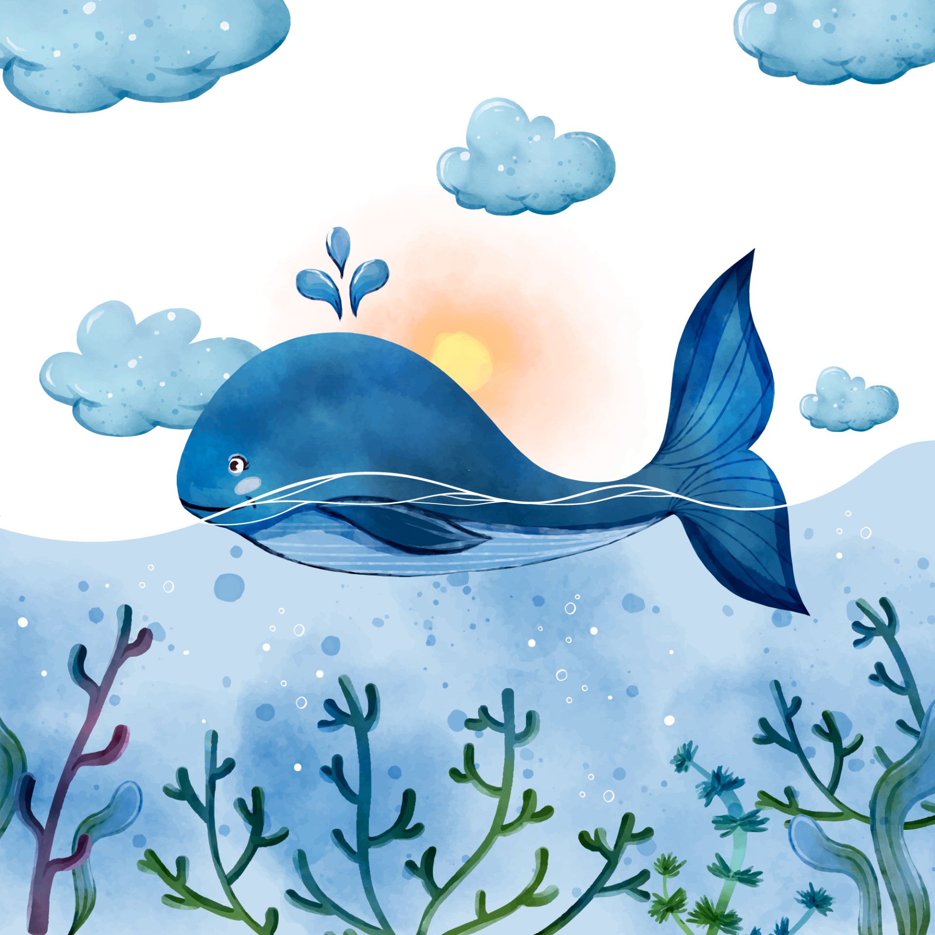 世界海洋日鲸鱼水彩插图0