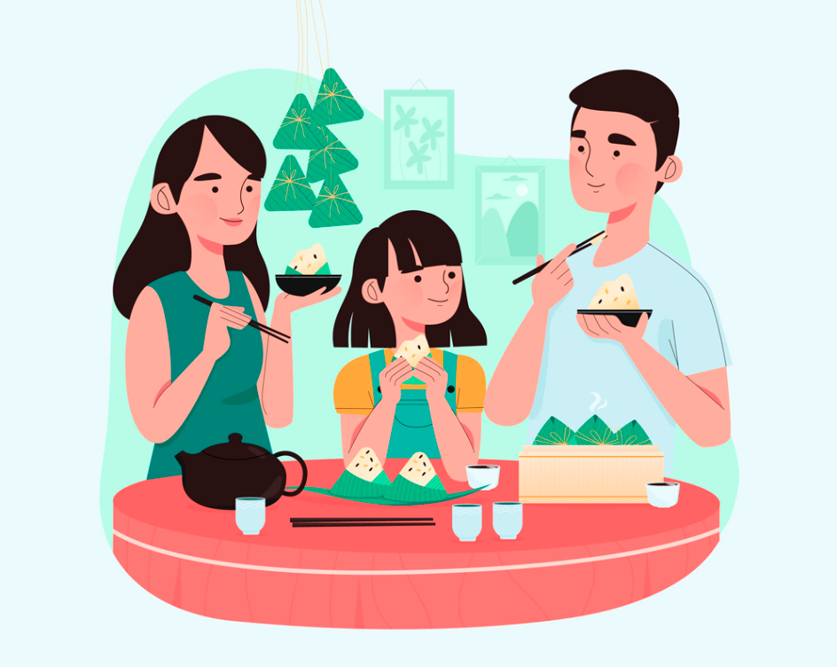 端午节一家人吃粽子插画0