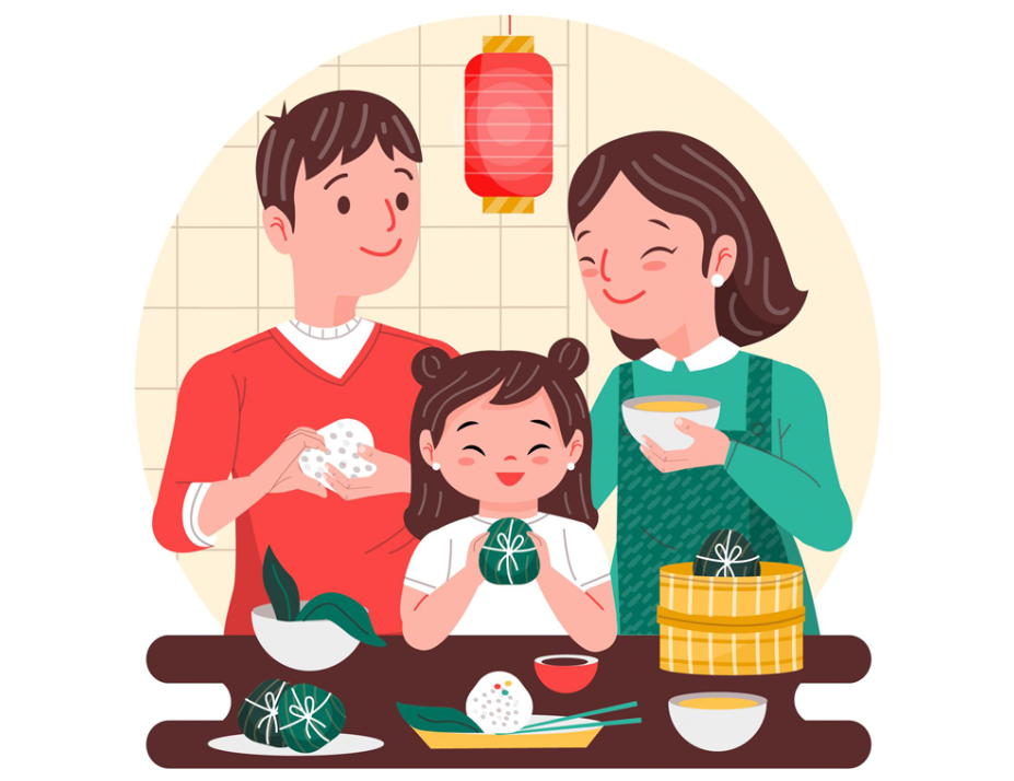 端午节一家人包粽子插画0