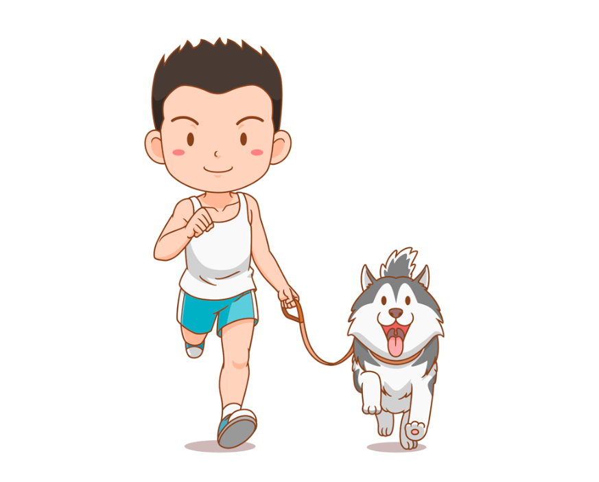 男孩牵着小狗跑步插画0