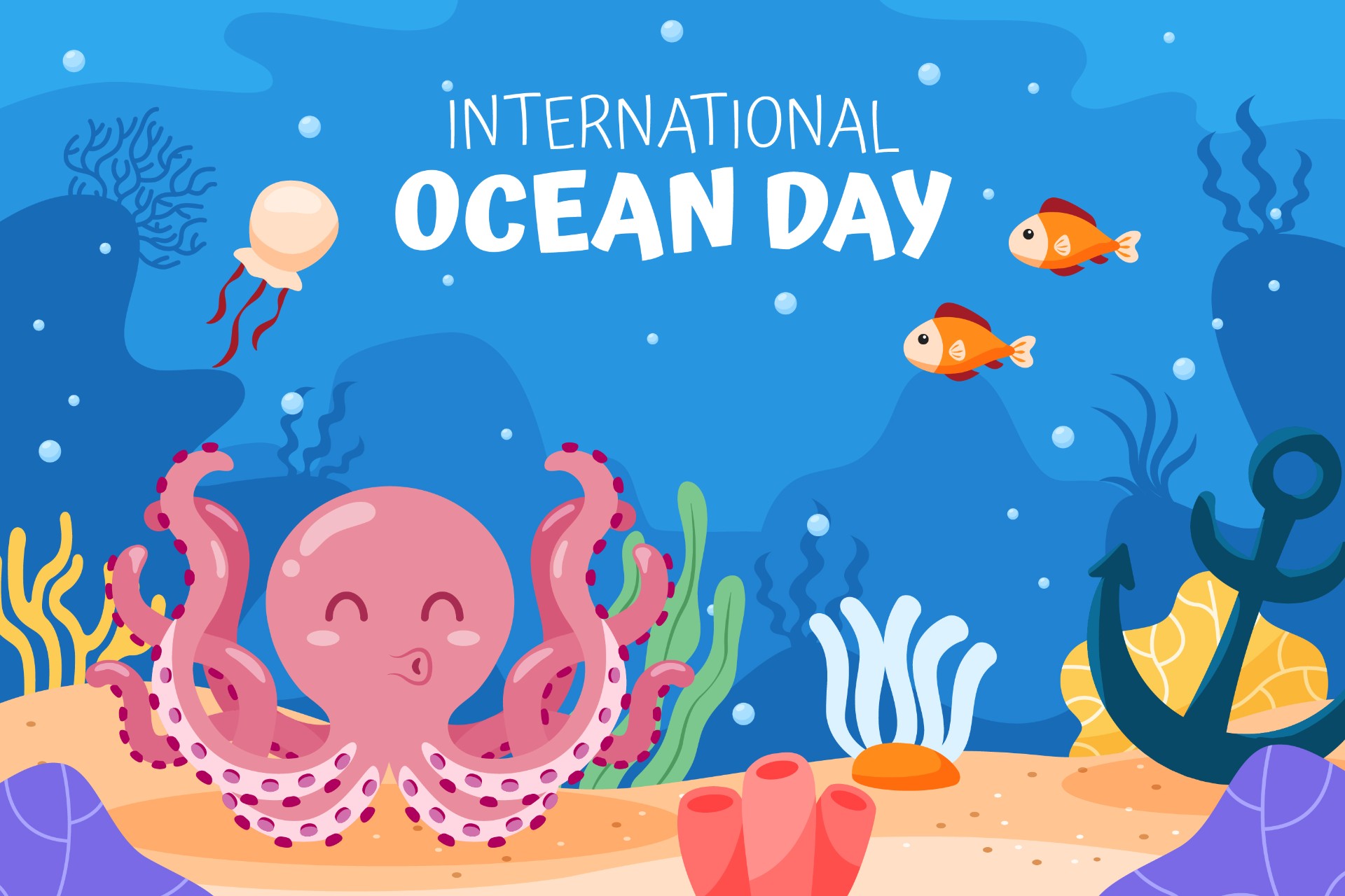 世界海洋日章鱼卡通插图0