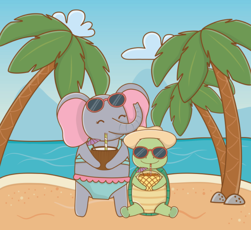 大象乌龟海边度假插画0