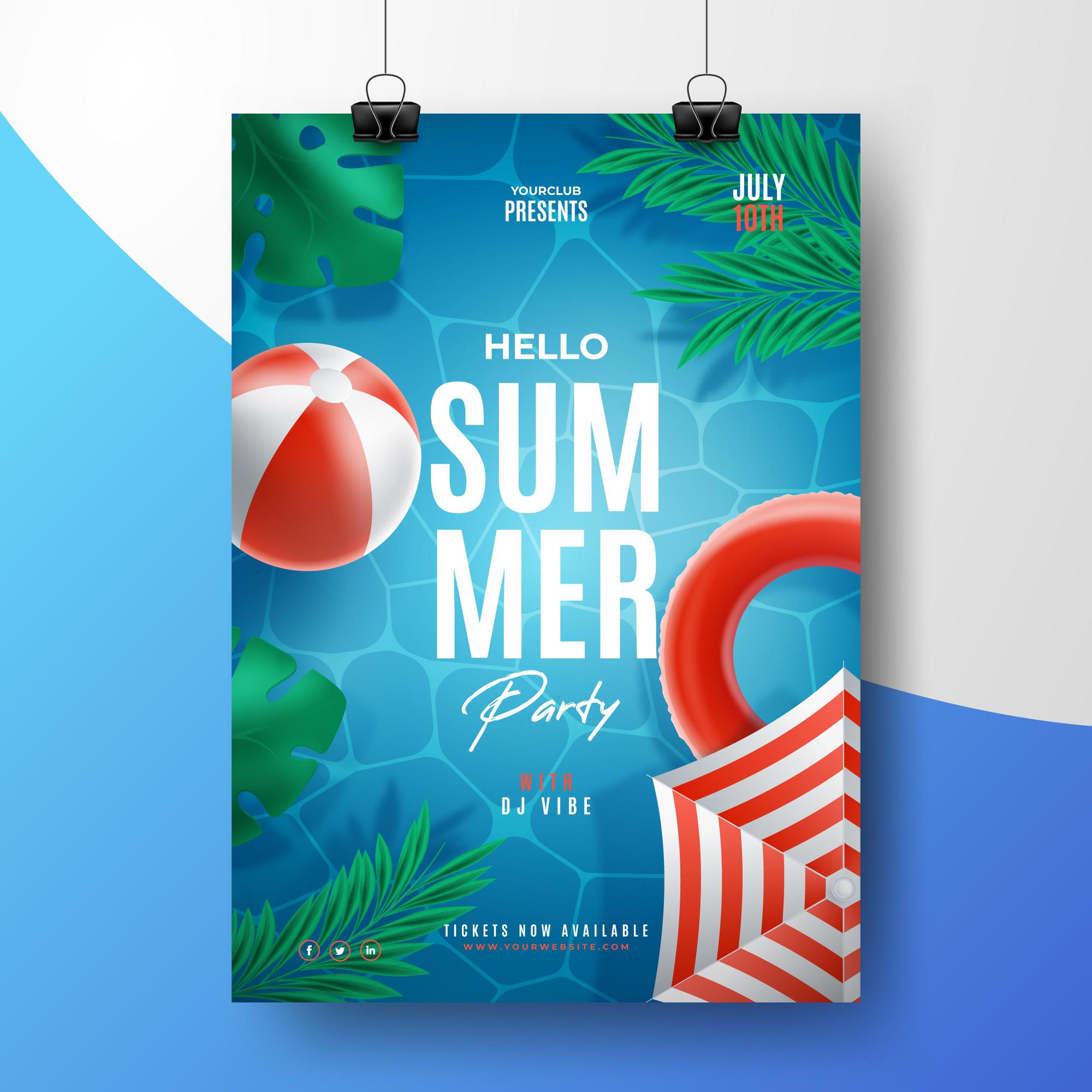 夏季蓝色泳池派对海报模板0