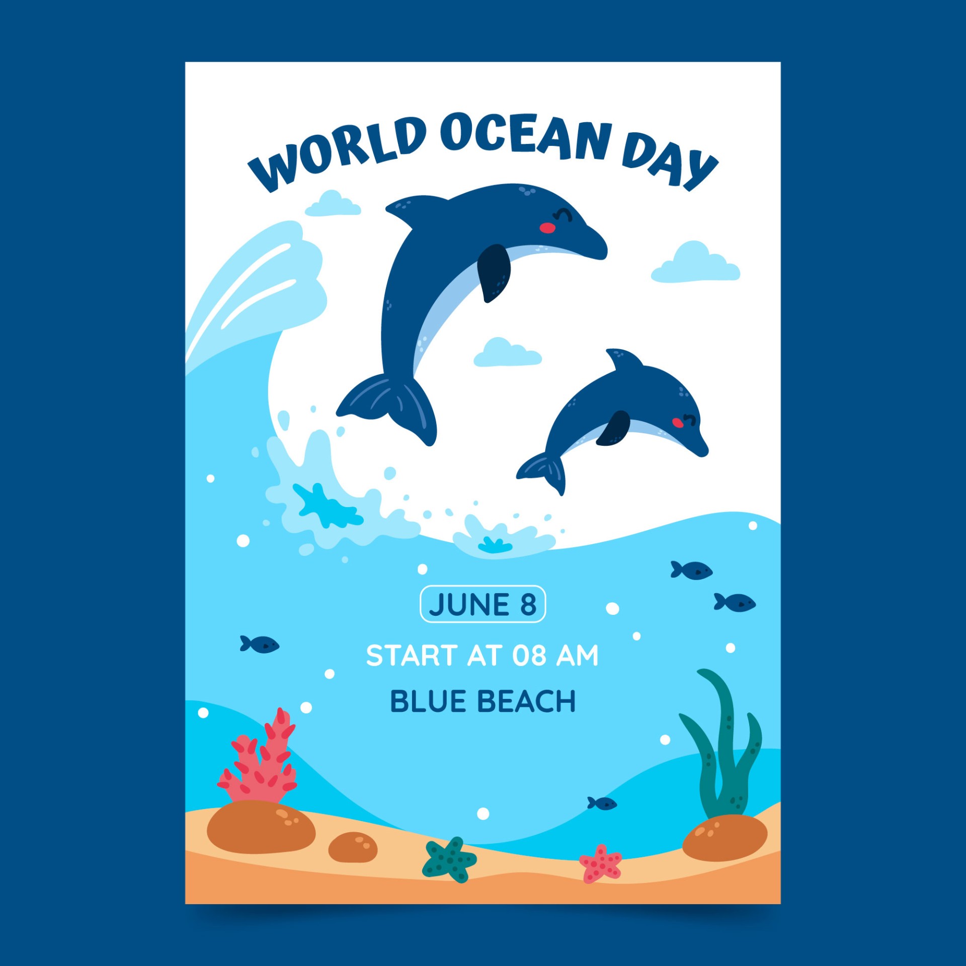 世界海洋日手绘海豚海报0