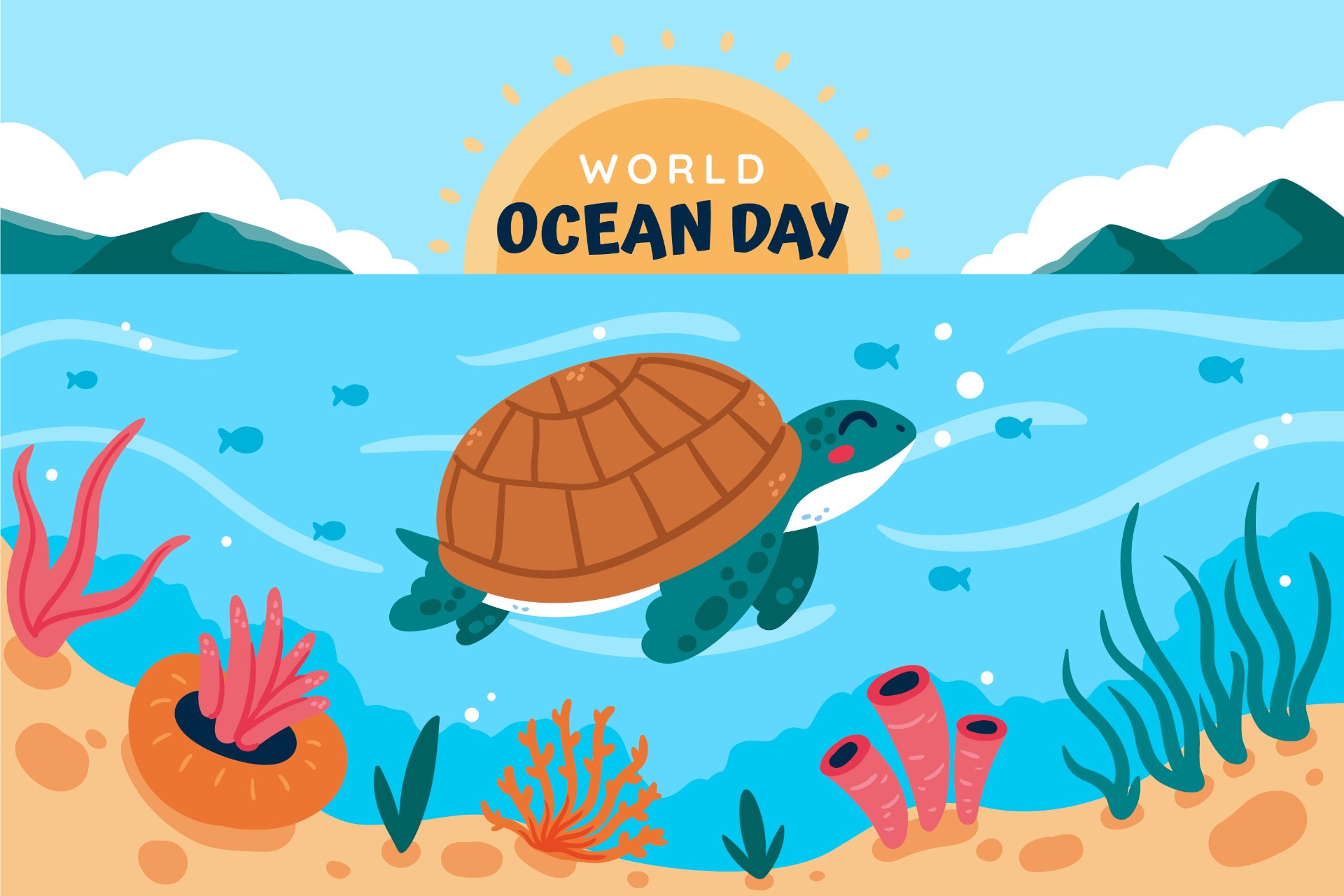 世界海洋日海龟卡通插图0