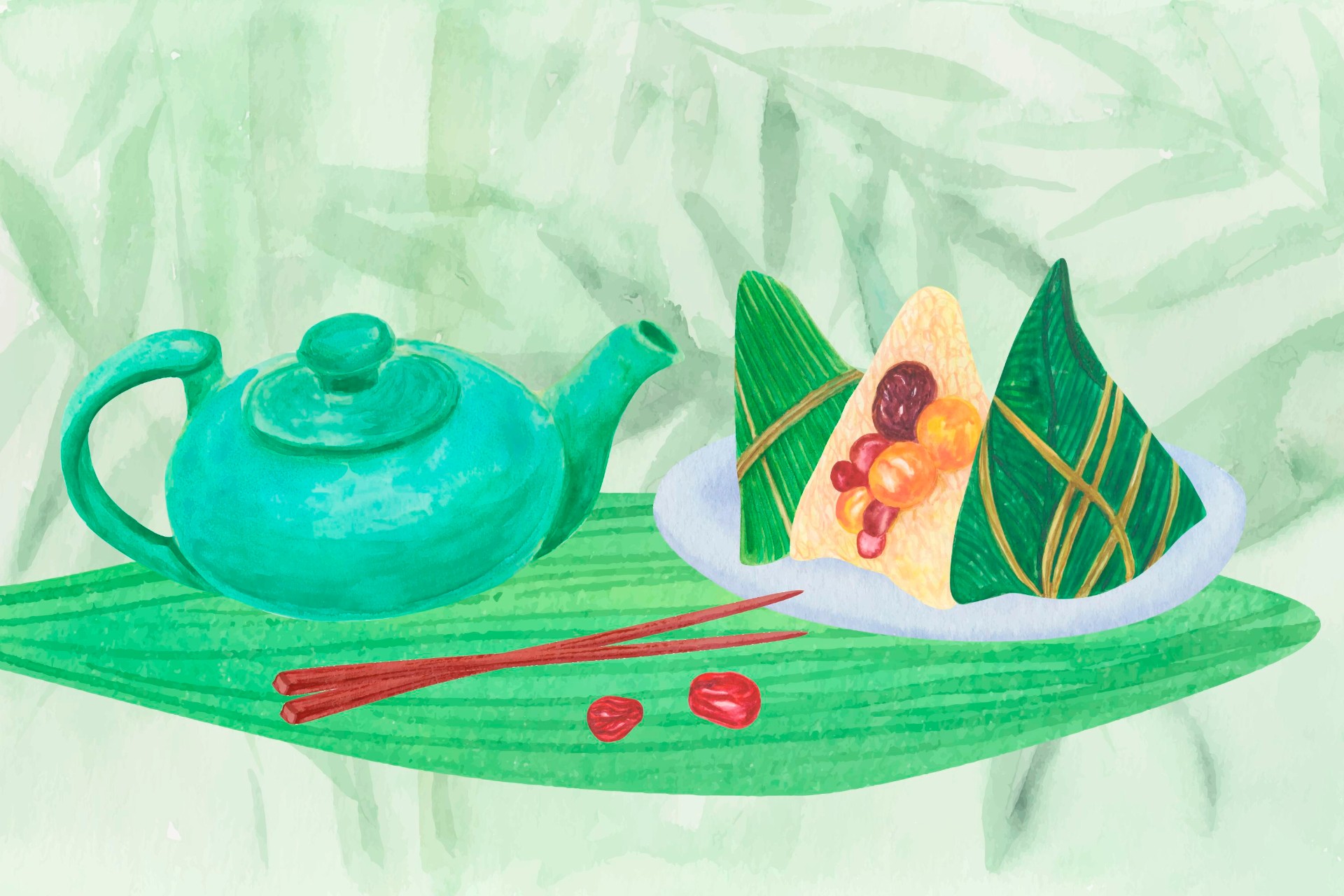端午节茶壶和粽子水彩画0